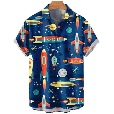 Cămăși hawaiene Rocket Print Camisas De Verano Para Hombres Cămașă de desene animate Harajuku pentru bărbați, de înaltă calitate, de vară, haine noi pentru bărbați