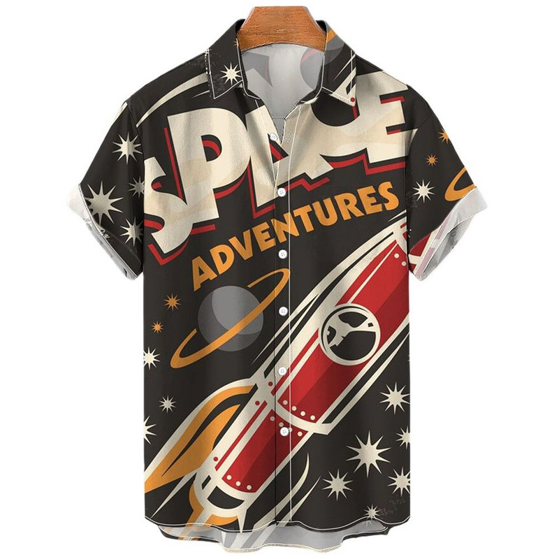 Cămăși hawaiene Rocket Print Camisas De Verano Para Hombres Cămașă de desene animate Harajuku pentru bărbați, de înaltă calitate, de vară, haine noi pentru bărbați