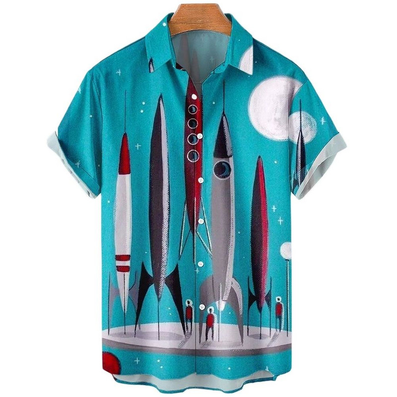 Cămăși hawaiene Rocket Print Camisas De Verano Para Hombres Cămașă de desene animate Harajuku pentru bărbați, de înaltă calitate, de vară, haine noi pentru bărbați