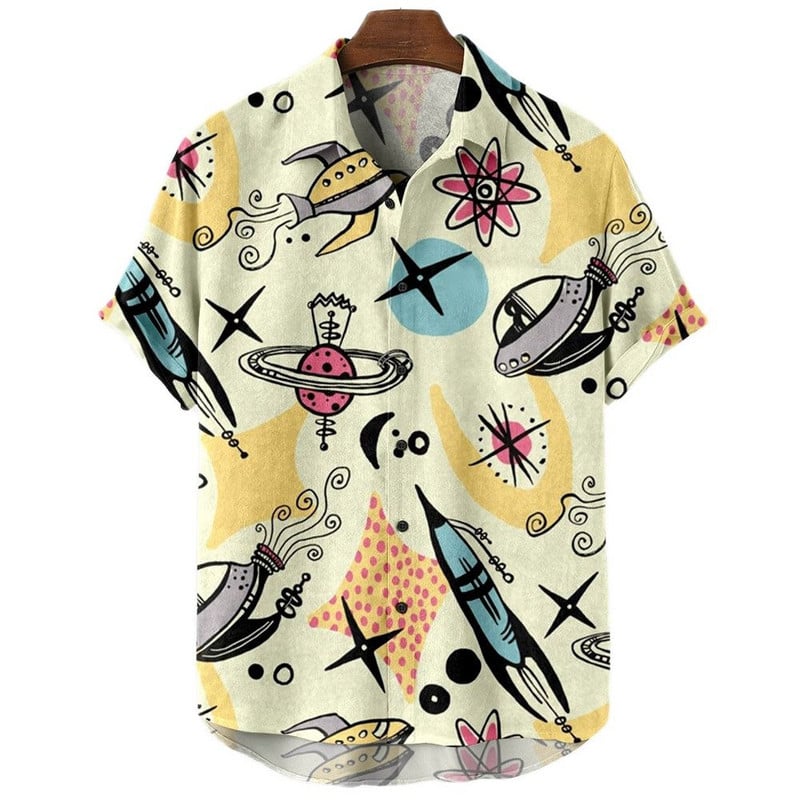 Cămăși hawaiene Rocket Print Camisas De Verano Para Hombres Cămașă de desene animate Harajuku pentru bărbați, de înaltă calitate, de vară, haine noi pentru bărbați