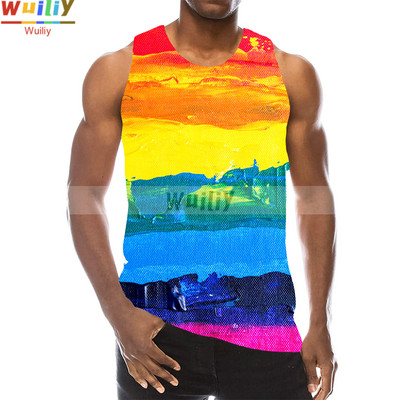 Rainbow Tank Top for Men 3D Print Πολύχρωμο αμάνικο μοτίβο Κορυφαίο γραφικό γιλέκο πολύχρωμο Tees Sport Gym Beach Tanks