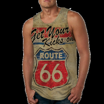 2022 Лято Нов Route 66 Letter 3D Printed Sleeveless Cool Потници Мъжка фитнес жилетка с мускули Хипстър Ежедневни улични горнища