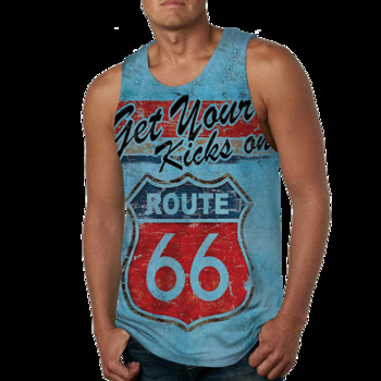 2022 Лято Нов Route 66 Letter 3D Printed Sleeveless Cool Потници Мъжка фитнес жилетка с мускули Хипстър Ежедневни улични горнища