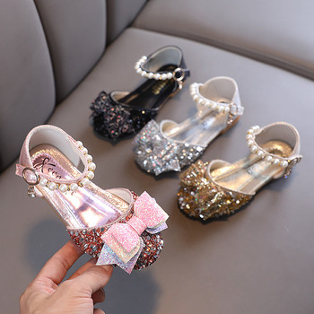 2023 Нови летни сандали за момичета Bling Pearls Bow Princess Shoes Бебешки обувки за танцови представления Пайети Плоски сандали H537