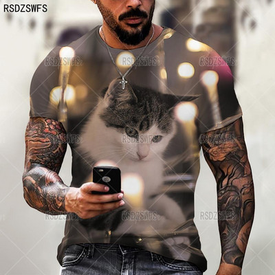 Aranyos, 3D állatos macskanyomat férfi női póló nyári felsők túlméretezett póló O nyakú rövid ujjú, laza alkalmi férfi ruházat 5XL póló