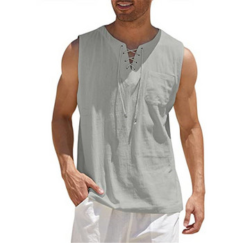 Големи размери Летни мъжки ризи с V-образно изрязване Потник Едноцветна модна мъжка жилетка Хавайска риза без ръкави Леко мъжко облекло