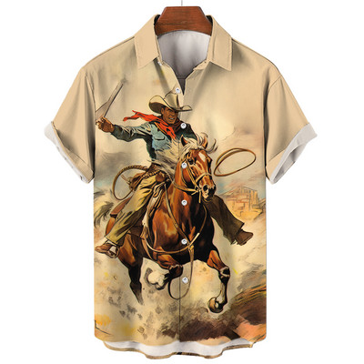 Cămașă de cowboy pentru bărbați de modă Cămăși de cowboy cu imprimeu 3d pentru bărbați, clasic, cu mânecă scurtă, vintage, tricou, bluză supradimensionată, pentru bărbați