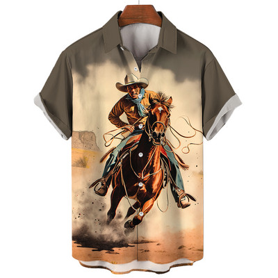 Cămașă de cowboy pentru bărbați de modă Cămăși de cowboy cu imprimeu 3d pentru bărbați, clasic, cu mânecă scurtă, vintage, tricou, bluză supradimensionată, pentru bărbați