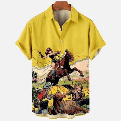 Cămașă de cowboy pentru bărbați de modă Cămăși de cowboy cu imprimeu 3d pentru bărbați, clasic, cu mânecă scurtă, vintage, tricou, bluză supradimensionată, pentru bărbați