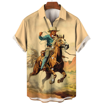Cămașă de cowboy pentru bărbați de modă Cămăși de cowboy cu imprimeu 3d pentru bărbați, clasic, cu mânecă scurtă, vintage, tricou, bluză supradimensionată, pentru bărbați