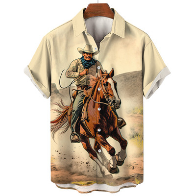 Cămașă de cowboy pentru bărbați de modă Cămăși de cowboy cu imprimeu 3d pentru bărbați, clasic, cu mânecă scurtă, vintage, tricou, bluză supradimensionată, pentru bărbați