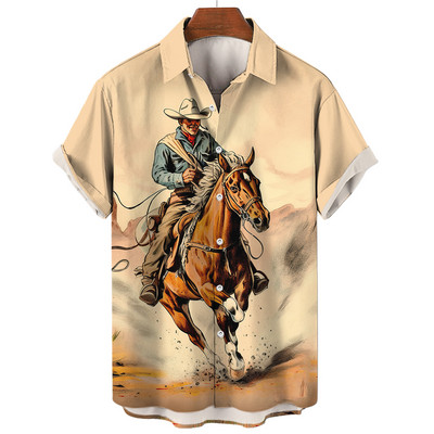 Cămașă de cowboy pentru bărbați de modă Cămăși de cowboy cu imprimeu 3d pentru bărbați, clasic, cu mânecă scurtă, vintage, tricou, bluză supradimensionată, pentru bărbați