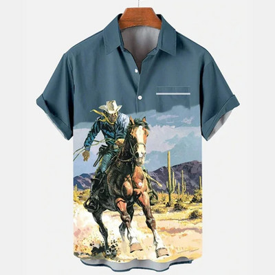 Cămașă de cowboy pentru bărbați de modă Cămăși de cowboy cu imprimeu 3d pentru bărbați, clasic, cu mânecă scurtă, vintage, tricou, bluză supradimensionată, pentru bărbați