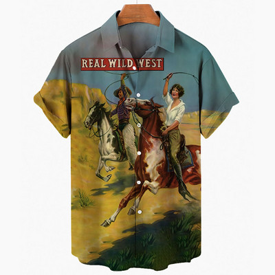 Cămașă de cowboy pentru bărbați de modă Cămăși de cowboy cu imprimeu 3d pentru bărbați, clasic, cu mânecă scurtă, vintage, tricou, bluză supradimensionată, pentru bărbați