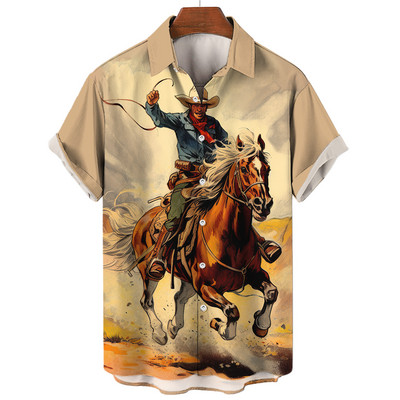 Cămașă de cowboy pentru bărbați de modă Cămăși de cowboy cu imprimeu 3d pentru bărbați, clasic, cu mânecă scurtă, vintage, tricou, bluză supradimensionată, pentru bărbați