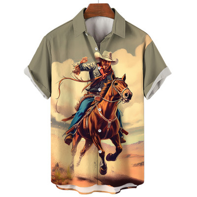 Cămașă de cowboy pentru bărbați de modă Cămăși de cowboy cu imprimeu 3d pentru bărbați, clasic, cu mânecă scurtă, vintage, tricou, bluză supradimensionată, pentru bărbați