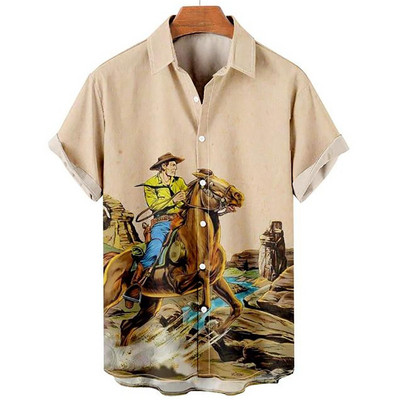 Cămașă de cowboy pentru bărbați de modă Cămăși de cowboy cu imprimeu 3d pentru bărbați, clasic, cu mânecă scurtă, vintage, tricou, bluză supradimensionată, pentru bărbați