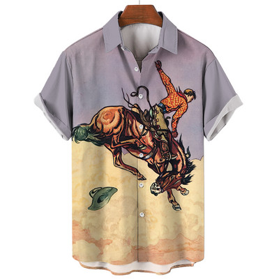 Cămașă de cowboy pentru bărbați de modă Cămăși de cowboy cu imprimeu 3d pentru bărbați, clasic, cu mânecă scurtă, vintage, tricou, bluză supradimensionată, pentru bărbați