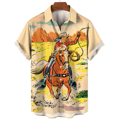 Cămașă de cowboy pentru bărbați de modă Cămăși de cowboy cu imprimeu 3d pentru bărbați, clasic, cu mânecă scurtă, vintage, tricou, bluză supradimensionată, pentru bărbați