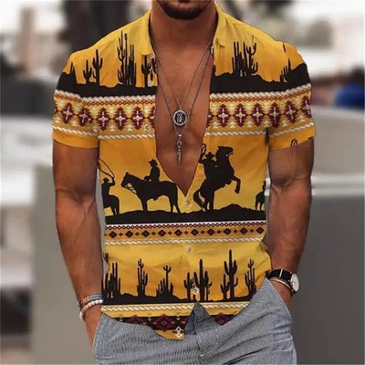 Cămașă de cowboy pentru bărbați de modă Cămăși de cowboy cu imprimeu 3d pentru bărbați, clasic, cu mânecă scurtă, vintage, tricou, bluză supradimensionată, pentru bărbați