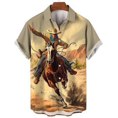 Cămașă de cowboy pentru bărbați de modă Cămăși de cowboy cu imprimeu 3d pentru bărbați, clasic, cu mânecă scurtă, vintage, tricou, bluză supradimensionată, pentru bărbați