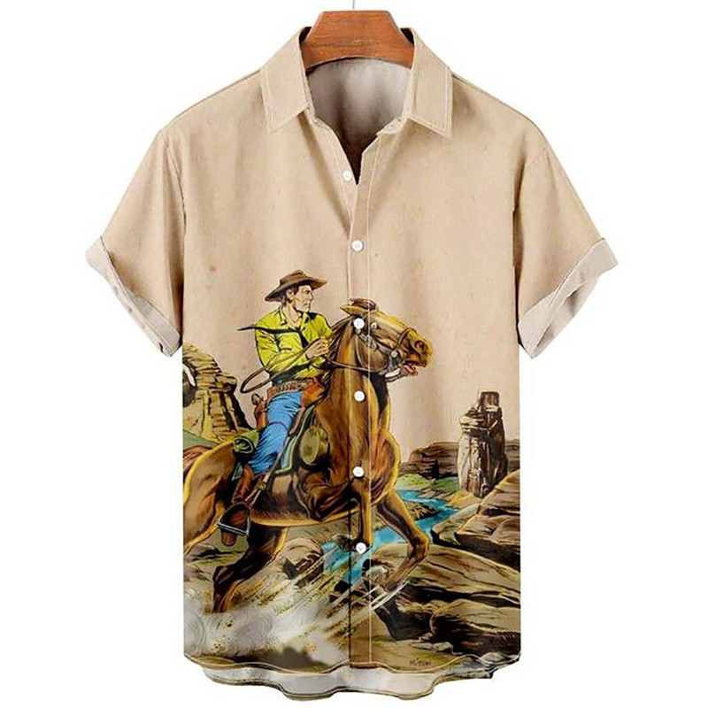 Cămașă de cowboy pentru bărbați de modă Cămăși de cowboy cu imprimeu 3d pentru bărbați, clasic, cu mânecă scurtă, vintage, tricou, bluză supradimensionată, pentru bărbați