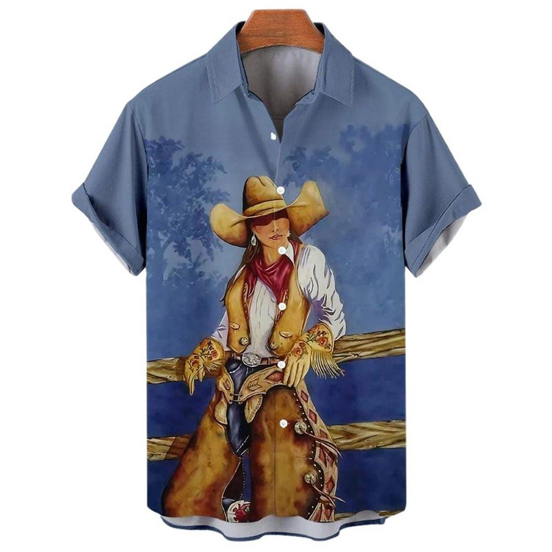 Cămașă de cowboy pentru bărbați de modă Cămăși de cowboy cu imprimeu 3d pentru bărbați, clasic, cu mânecă scurtă, vintage, tricou, bluză supradimensionată, pentru bărbați