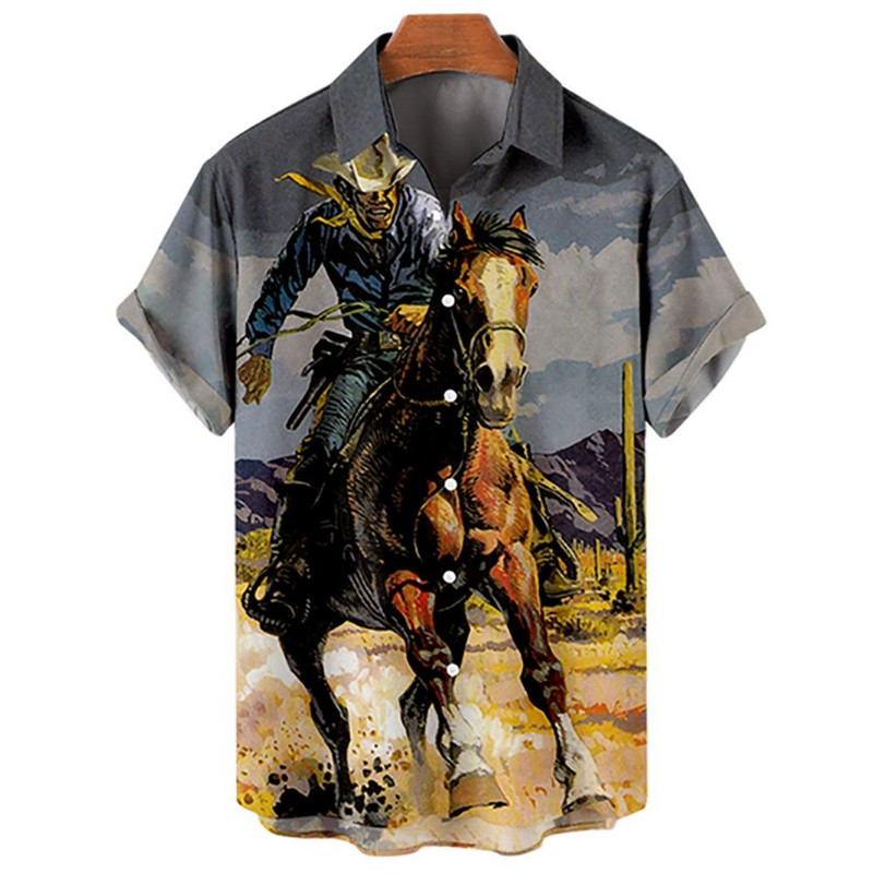 Cămașă de cowboy pentru bărbați de modă Cămăși de cowboy cu imprimeu 3d pentru bărbați, clasic, cu mânecă scurtă, vintage, tricou, bluză supradimensionată, pentru bărbați