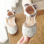 Pantofi noi din piele pentru copii Pantofi de nuntă pentru fete Sandale prințesă cu paiete Fundă pentru fete Pantofi de dans casual Sandale plate E462