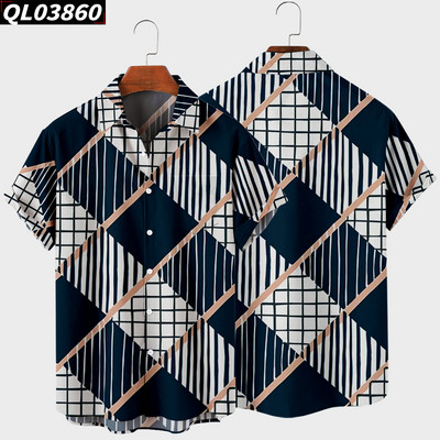 Ανδρικό κοντομάνικο πουκάμισο πέτο 2022 Oversized 8 3D Geometric Print Ανδρικό πουκάμισο τσέπης Harajuku Hot Style