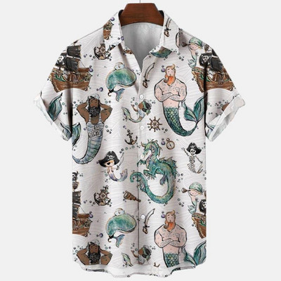 2022. aasta suve retromoodne merineitsi särk 3d Hawaii särgid meeste särk vabaaja lühikeste varrukatega lahtised hingavad särgid