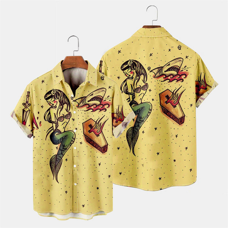 2022. aasta suve retromoodne merineitsi särk 3d Hawaii särgid meeste särk vabaaja lühikeste varrukatega lahtised hingavad särgid