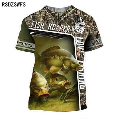 Suvine 3D-prinditud karpkala muster Meeste naiste vabaaja T-särk Moesuund õues kalapüük Hip-hop lühikeste varrukatega hingavad topid