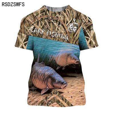 Suvine 3D-prinditud karpkala muster Meeste naiste vabaaja T-särk Moesuund õues kalapüük Hip-hop lühikeste varrukatega hingavad topid