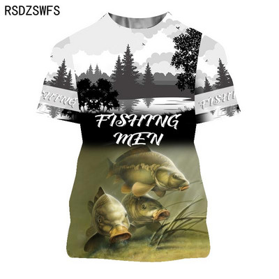 Suvine 3D-prinditud karpkala muster Meeste naiste vabaaja T-särk Moesuund õues kalapüük Hip-hop lühikeste varrukatega hingavad topid