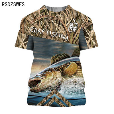 Suvine 3D-prinditud karpkala muster Meeste naiste vabaaja T-särk Moesuund õues kalapüük Hip-hop lühikeste varrukatega hingavad topid