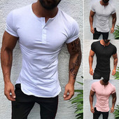 Cămașă de fitness de vară pentru bărbați, cu mâneci scurte, decolteu, cu nasturi, de culoare uni, tricou sport, culturism