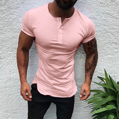Cămașă de fitness de vară pentru bărbați, cu mâneci scurte, decolteu, cu nasturi, de culoare uni, tricou sport, culturism