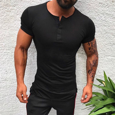 Cămașă de fitness de vară pentru bărbați, cu mâneci scurte, decolteu, cu nasturi, de culoare uni, tricou sport, culturism
