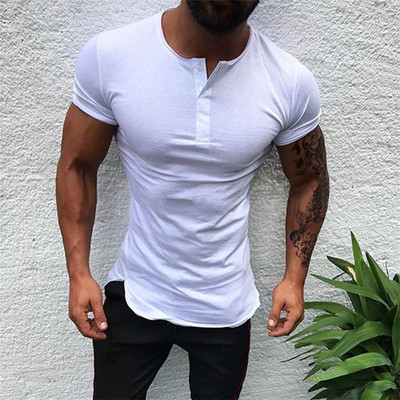Cămașă de fitness de vară pentru bărbați, cu mâneci scurte, decolteu, cu nasturi, de culoare uni, tricou sport, culturism