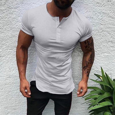 Cămașă de fitness de vară pentru bărbați, cu mâneci scurte, decolteu, cu nasturi, de culoare uni, tricou sport, culturism