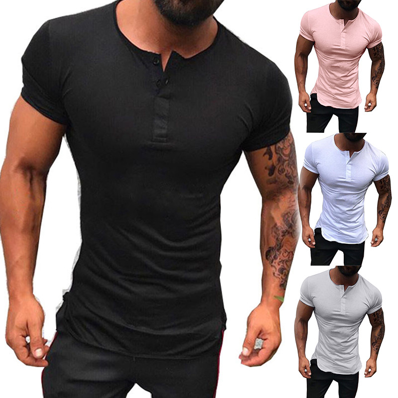 Cămașă de fitness de vară pentru bărbați, cu mâneci scurte, decolteu, cu nasturi, de culoare uni, tricou sport, culturism