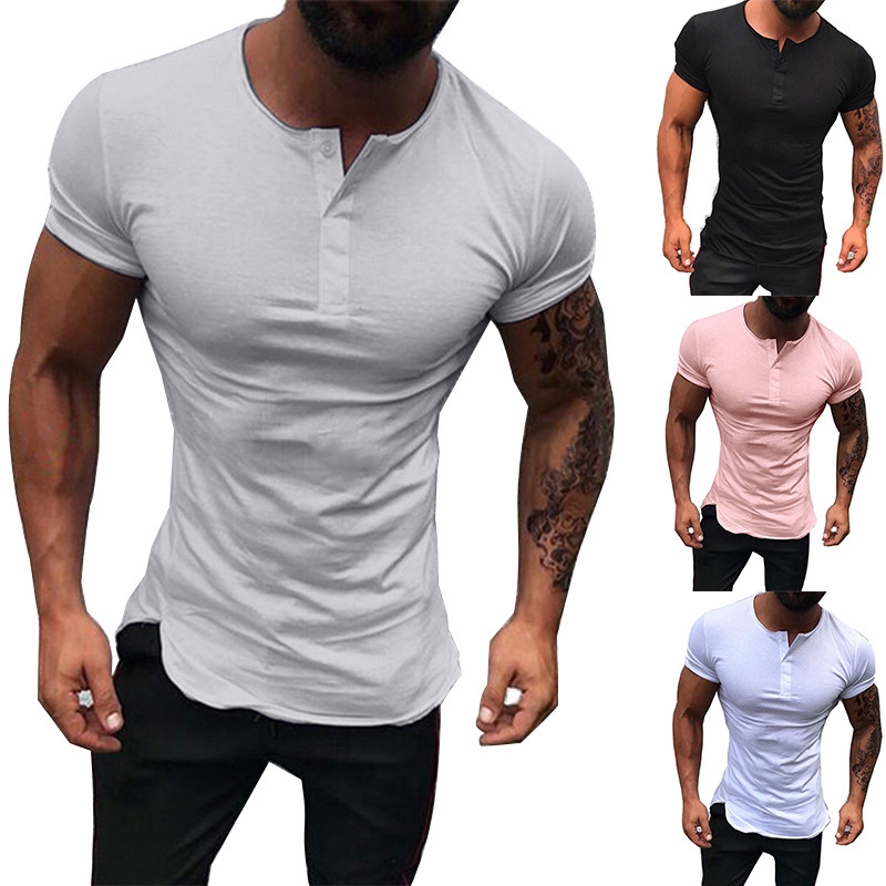 Cămașă de fitness de vară pentru bărbați, cu mâneci scurte, decolteu, cu nasturi, de culoare uni, tricou sport, culturism