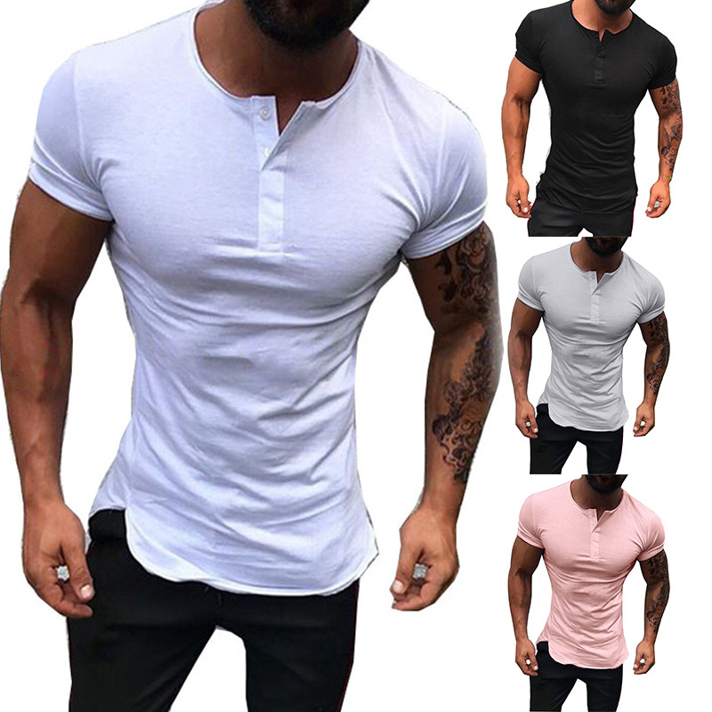 Cămașă de fitness de vară pentru bărbați, cu mâneci scurte, decolteu, cu nasturi, de culoare uni, tricou sport, culturism