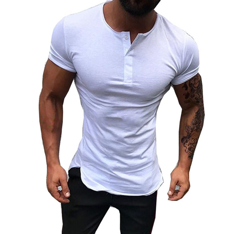 Cămașă de fitness de vară pentru bărbați, cu mâneci scurte, decolteu, cu nasturi, de culoare uni, tricou sport, culturism