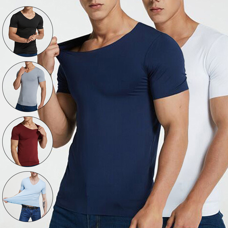 M-5XL meeste suvine jääsiidist särk lühikeste varrukatega õmblusteta V-kaelusega ülaosa ühevärviline Üliõhuke ja lahe sport T-särk Plus Size