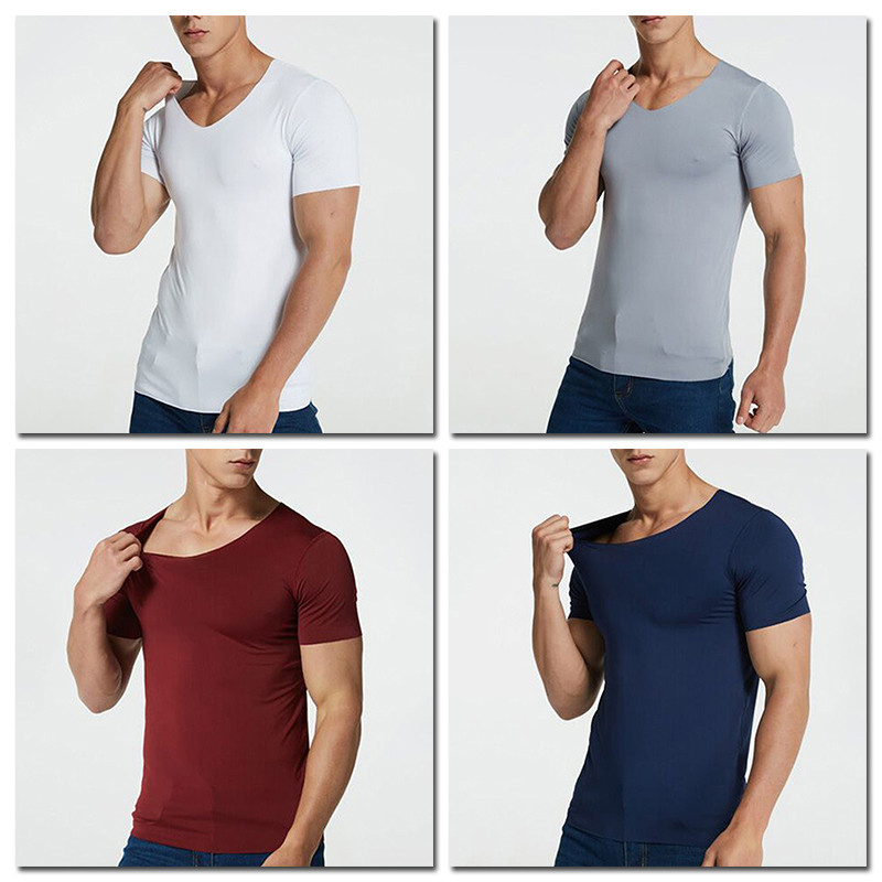 M-5XL meeste suvine jääsiidist särk lühikeste varrukatega õmblusteta V-kaelusega ülaosa ühevärviline Üliõhuke ja lahe sport T-särk Plus Size