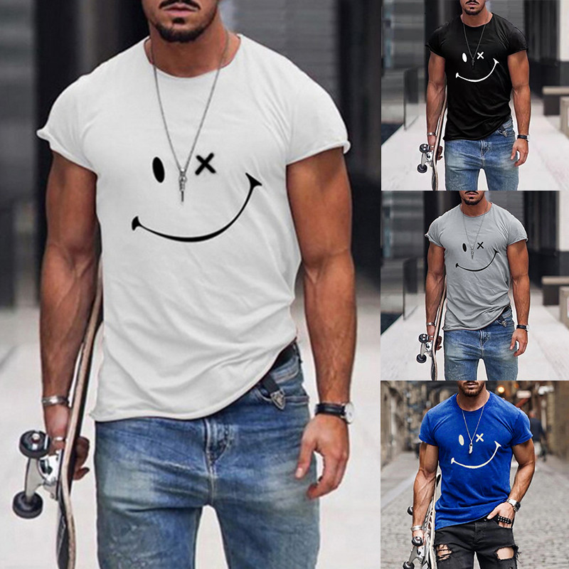 Pánske tričko s krátkym rukávom, letné tričko s okrúhlym výstrihom, smajlíkovou potlačou, ležérne, slim fit, pánske topy, Harajuku, hip hop, pánske oblečenie