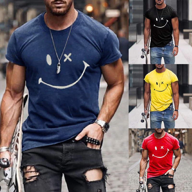 Pánske tričko s krátkym rukávom, letné tričko s okrúhlym výstrihom, smajlíkovou potlačou, ležérne, slim fit, pánske topy, Harajuku, hip hop, pánske oblečenie
