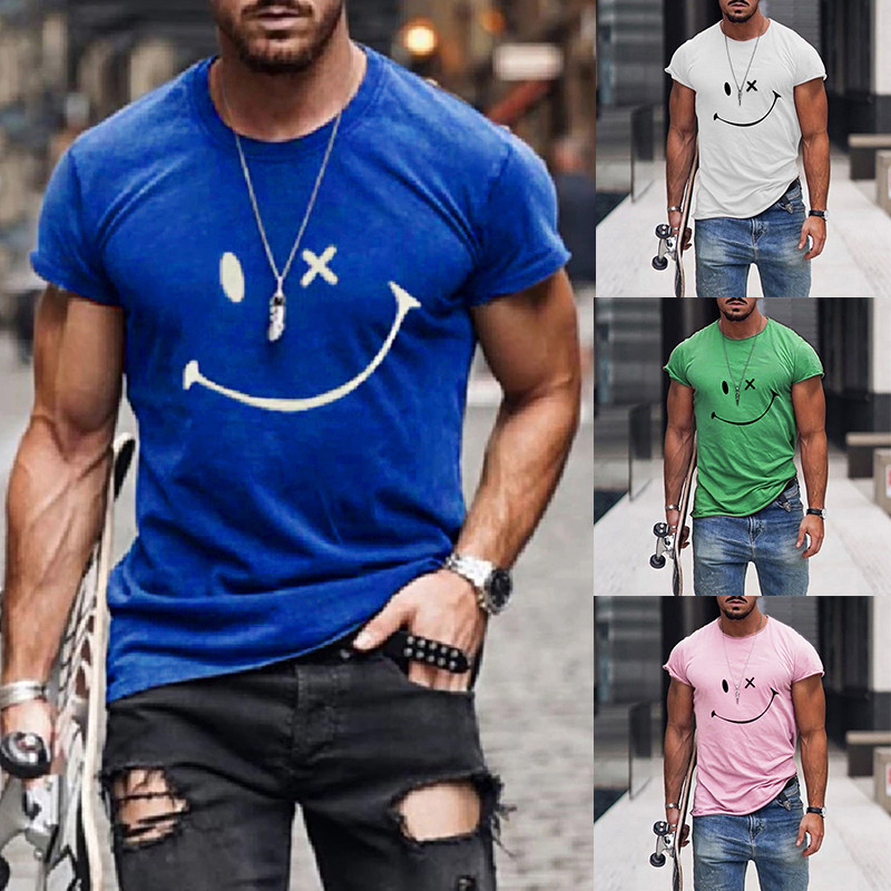 Pánske tričko s krátkym rukávom, letné tričko s okrúhlym výstrihom, smajlíkovou potlačou, ležérne, slim fit, pánske topy, Harajuku, hip hop, pánske oblečenie